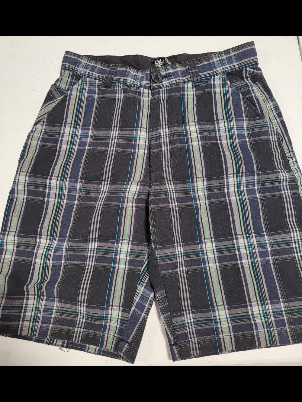 Micros Plaid Flat-Front Kids Shorts in Black, Blue & Green